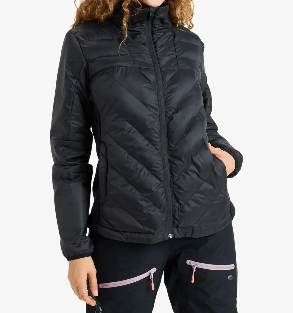 Women’s Chevron Quilted Jacket — Black — Black, front view, worn