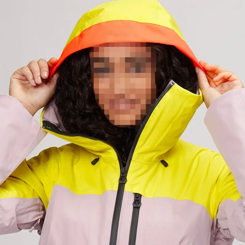 Women's Colour-Block Ski Jacket — 5 Colourways — Lilac & Yellow, hood up close view