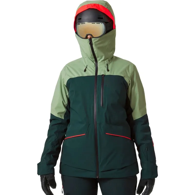 Women's Colour-Block Ski Jacket — 5 Colourways — Green, worn front view with helmet