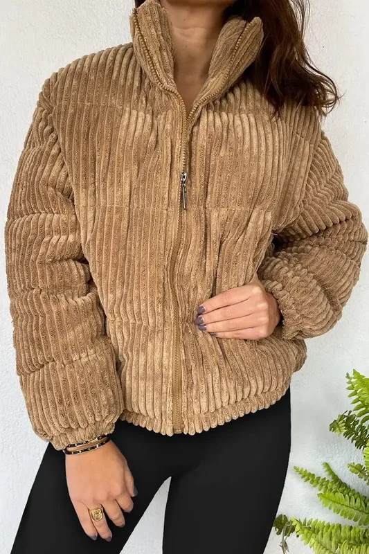 Women's Corduroy Cropped Puffer Jacket — 2 Colourways — Camel, worn front view, second angle