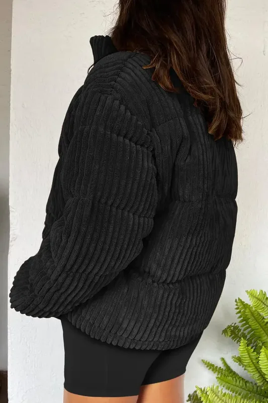 Women's Corduroy Cropped Puffer Jacket — 2 Colourways — Black, worn back view