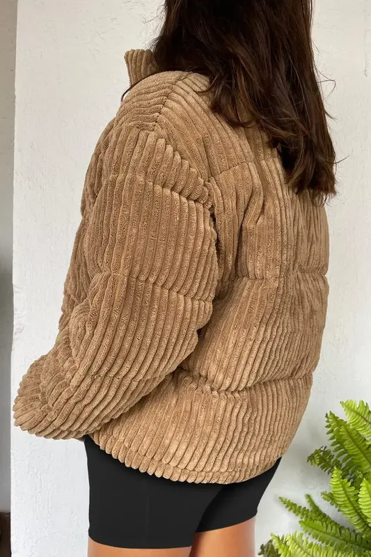 Women's Corduroy Cropped Puffer Jacket — 2 Colourways — Camel, worn back view