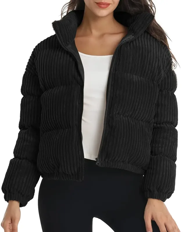 Women's Corduroy Cropped Puffer Jacket — 2 Colourways — Black, worn front view