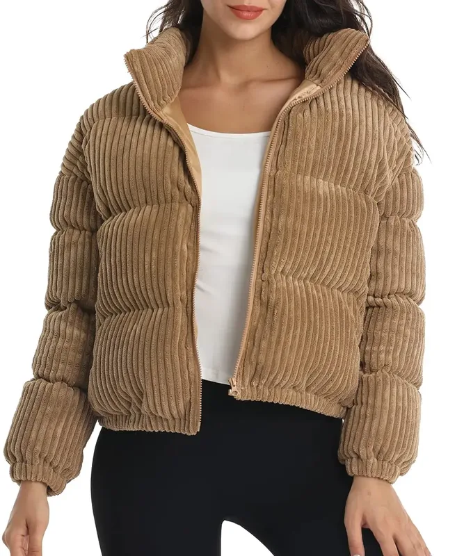 Women's Corduroy Cropped Puffer Jacket — 2 Colourways — Camel, worn front view, studio