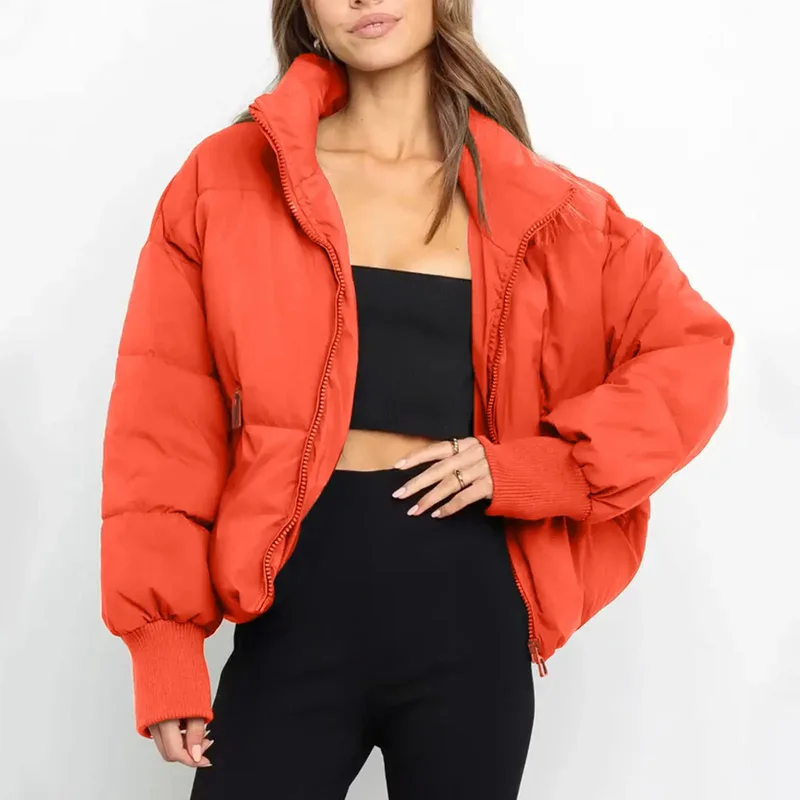 Women's Cropped Duck Down Puffer Jacket — 5 Colourways — Orange, worn front view