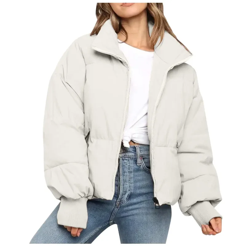 Women's Cropped Duck Down Puffer Jacket — 5 Colourways — Light Grey, worn front view