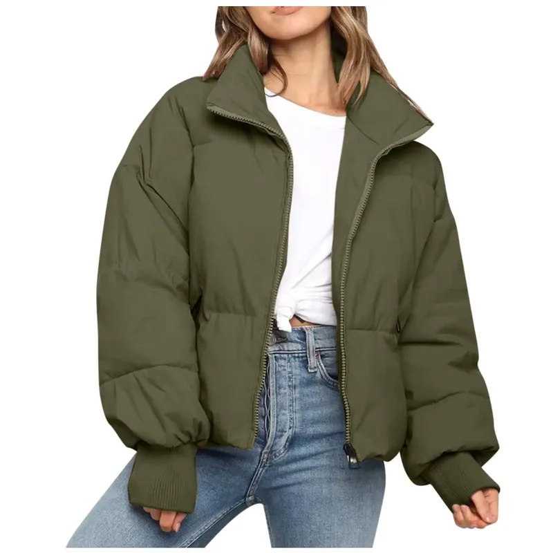 Women's Cropped Duck Down Puffer Jacket — 5 Colourways — Army Green, worn front view