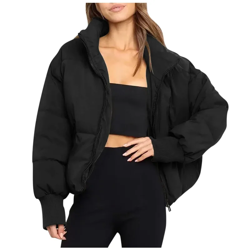 Women's Cropped Duck Down Puffer Jacket — 5 Colourways — Black, worn front view