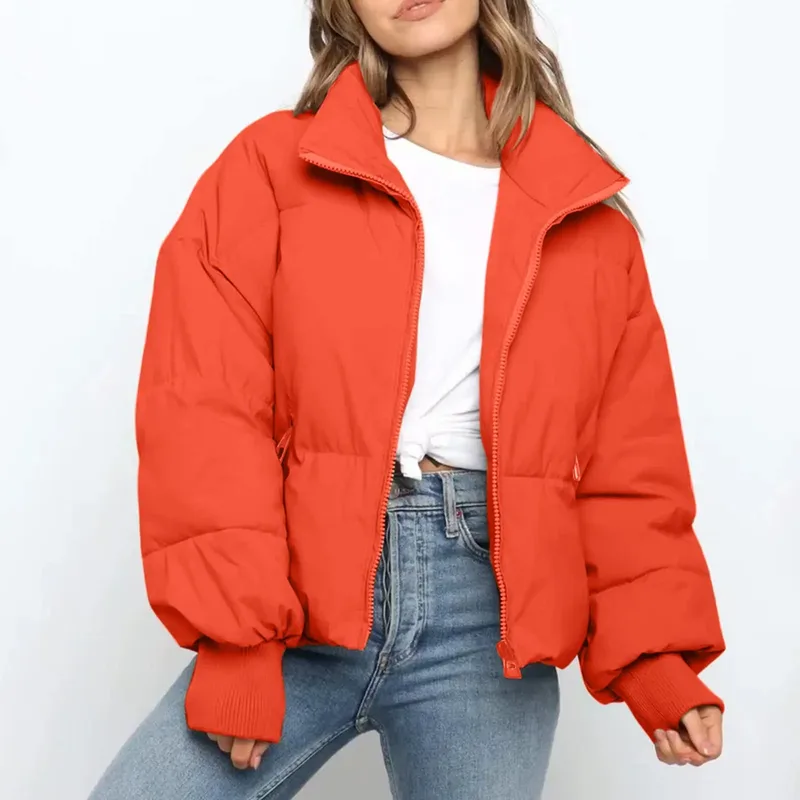 Women's Cropped Duck Down Puffer Jacket — 5 Colourways — Orange, worn front view, second angle