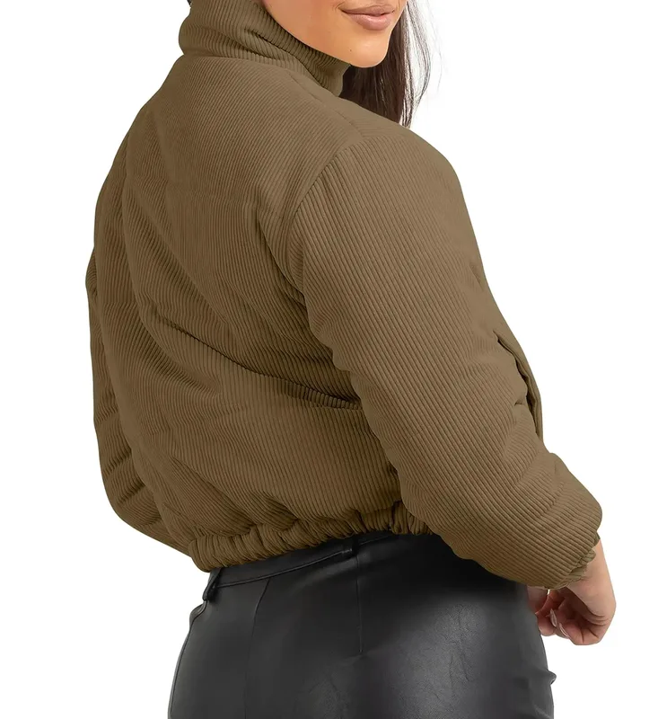 Women's Cropped Puffer Coat — 3 Colourways — Olive, worn back view