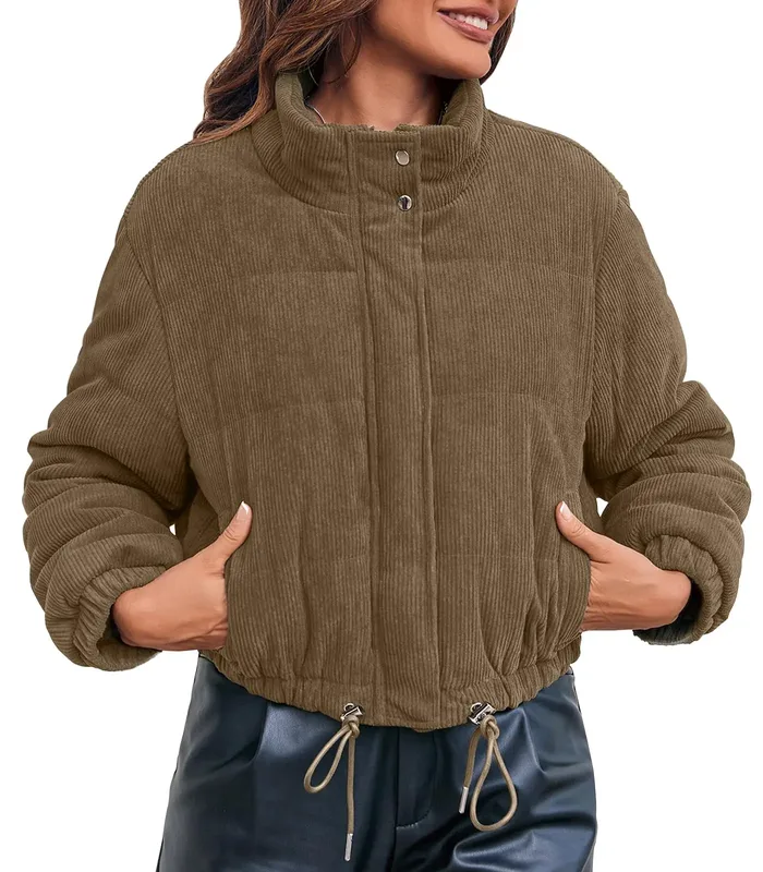 Women's Cropped Puffer Coat — 3 Colourways — Brown, worn front view