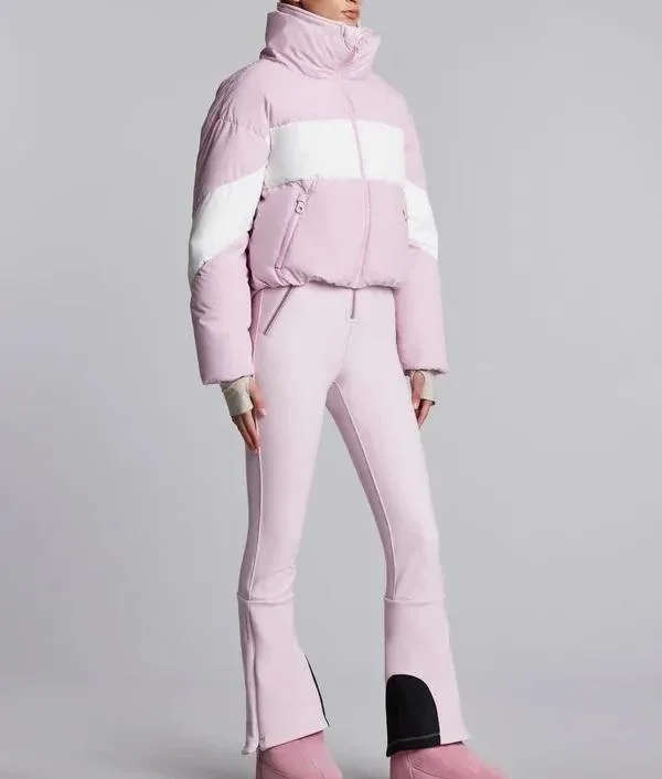 Women's Cropped Puffer Ski Set — 2 Colourways — Pink & White, full set, side-back view