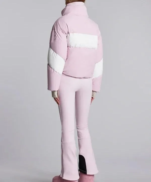 Women's Cropped Puffer Ski Set — 2 Colourways — Pink & White, full set, back view