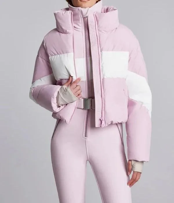 Women's Cropped Puffer Ski Set — 2 Colourways — Pink & White, jacket close-up, front view
