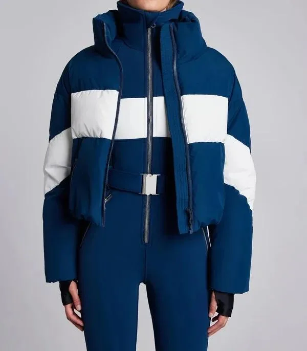 Women's Cropped Puffer Ski Set — 2 Colourways — Navy & White, jacket close-up, front view