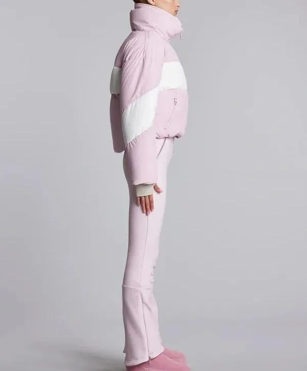 Women's Cropped Puffer Ski Set — 2 Colourways — Pink & White, full set, side view