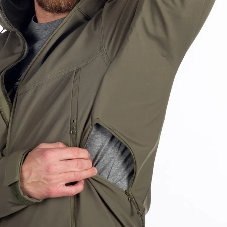 Women’s Detachable-Hood Softshell Jacket — Khaki — Khaki, underarm zip detail