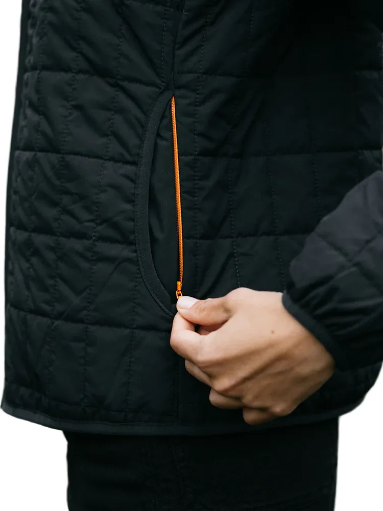 Women’s Down Jacket — Blue, Black & Brown — Black, pocket detail with orange zip