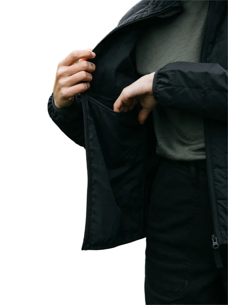 Women’s Down Jacket — Blue, Black & Brown — Black, worn open, showing the lining