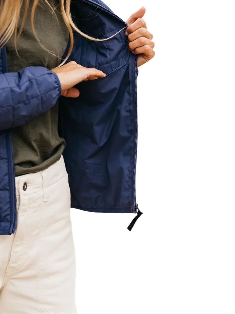 Women’s Down Jacket — Blue, Black & Brown — Blue, worn open, showing the lining