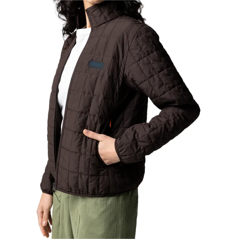 Women’s Down Jacket — Blue, Black & Brown — Brown, side view, worn