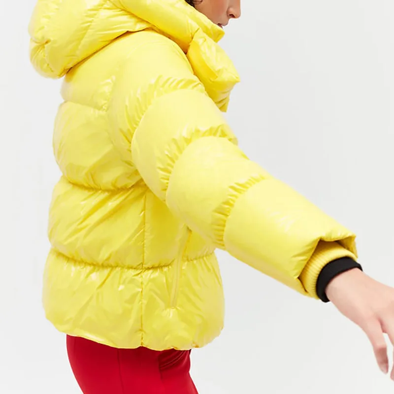 Women's Gloss Down Puffer Jacket — 2 Colourways — Yellow, worn side view