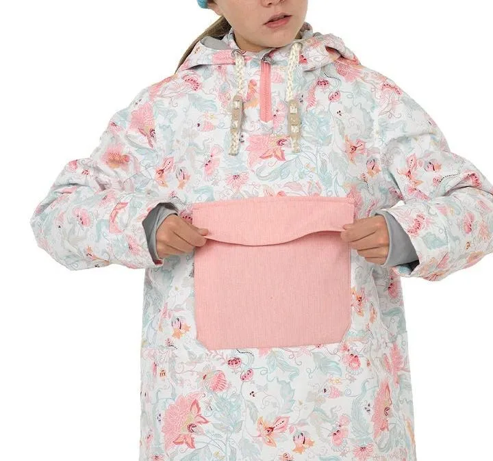 Women's Floral Pullover Ski Jacket — Pink Floral — Pink Floral Print, kangaroo pocket detail
