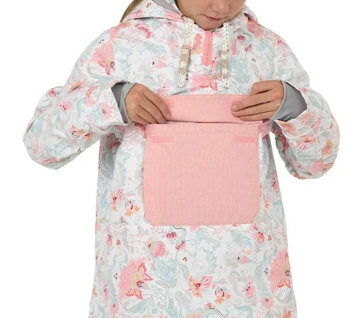 Women's Floral Pullover Ski Jacket — Pink Floral — Pink Floral Print, worn front view, opening the pocket