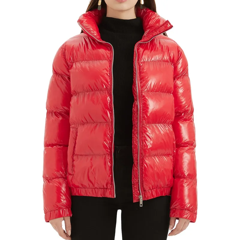 Women's Glossy Bubble Puffer Jacket — 4 Colourways — Red, worn front view