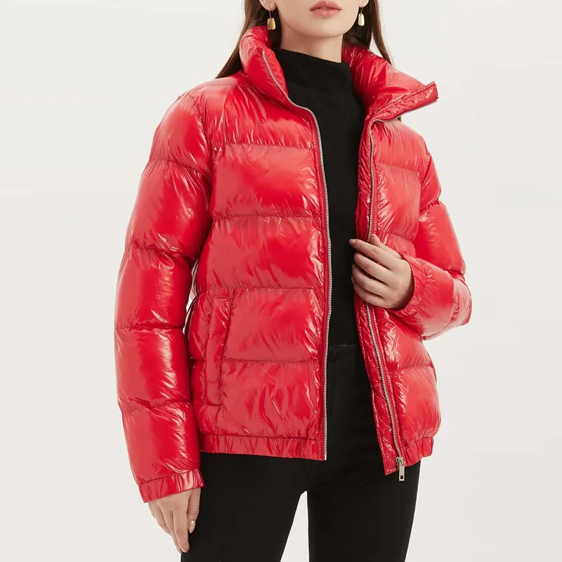 Women's Glossy Bubble Puffer Jacket — 4 Colourways — Red, worn three-quarter view