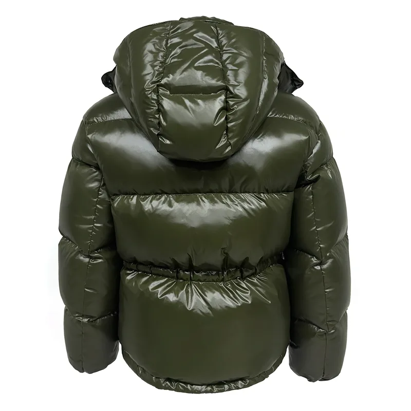 Women's Glossy Hooded Puffer Jacket — 2 Colourways — Green, back view with hood