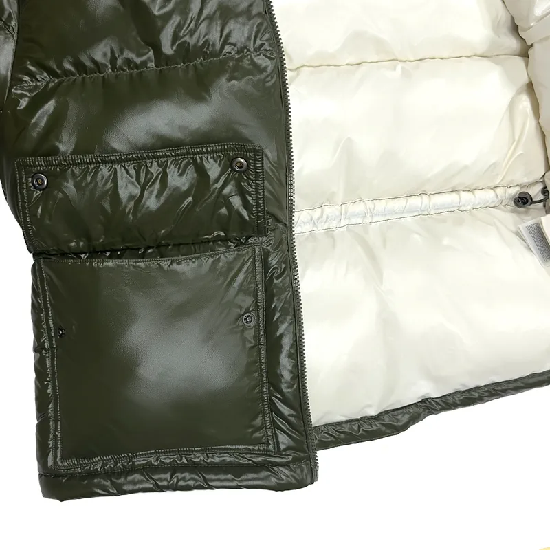 Women's Glossy Hooded Puffer Jacket — 2 Colourways — Green, pocket and zip detail