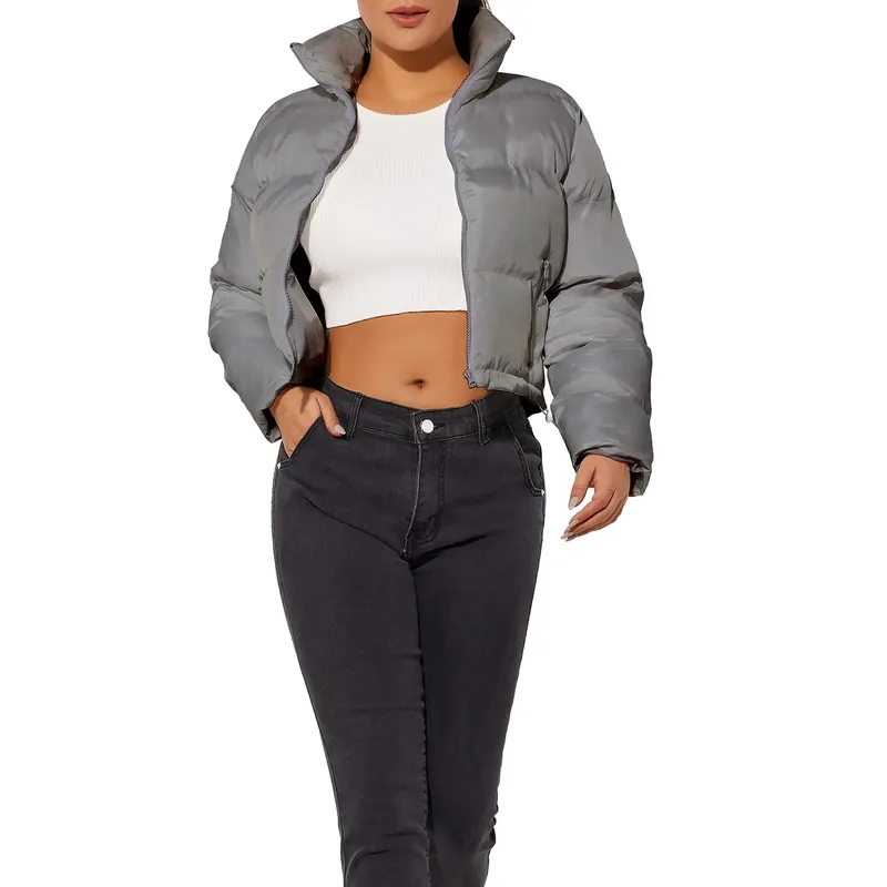 Women's Grey Cropped Puffer Jacket — 1 Colourway — Grey, worn three-quarter view