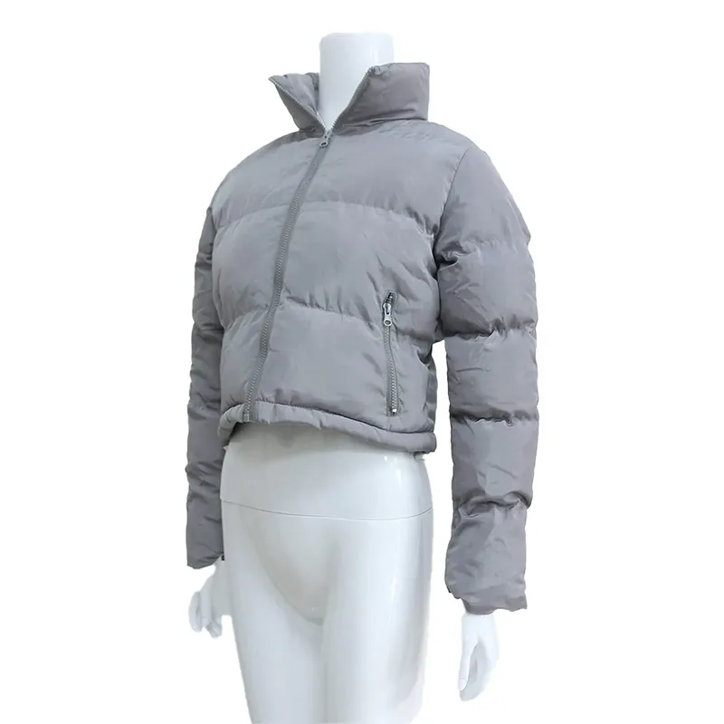 Women's Grey Cropped Puffer Jacket — 1 Colourway — Grey, on a mannequin