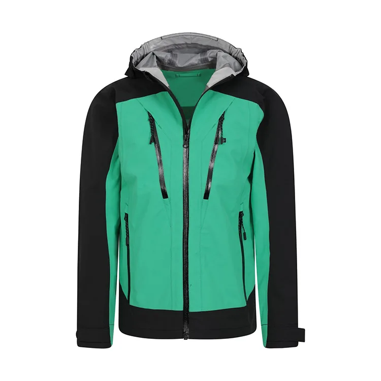 Women’s Hardshell Jacket — Green & Black — Green/Black, front view, hood open