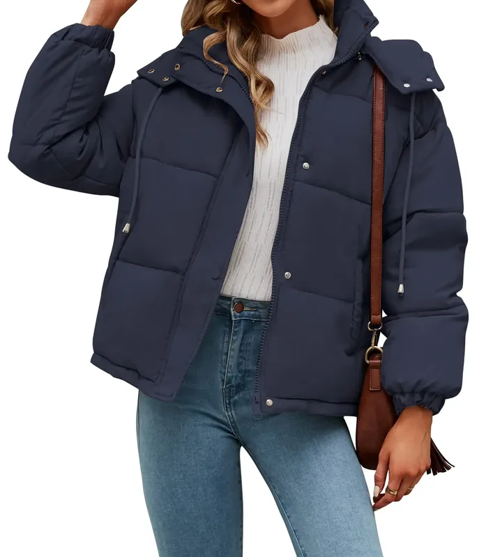Women's Hooded Cropped Puffer Jacket — 6 Colourways — Navy, worn front view