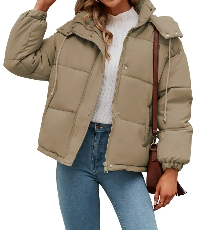 Women's Hooded Cropped Puffer Jacket — 6 Colourways — Khaki, worn front view