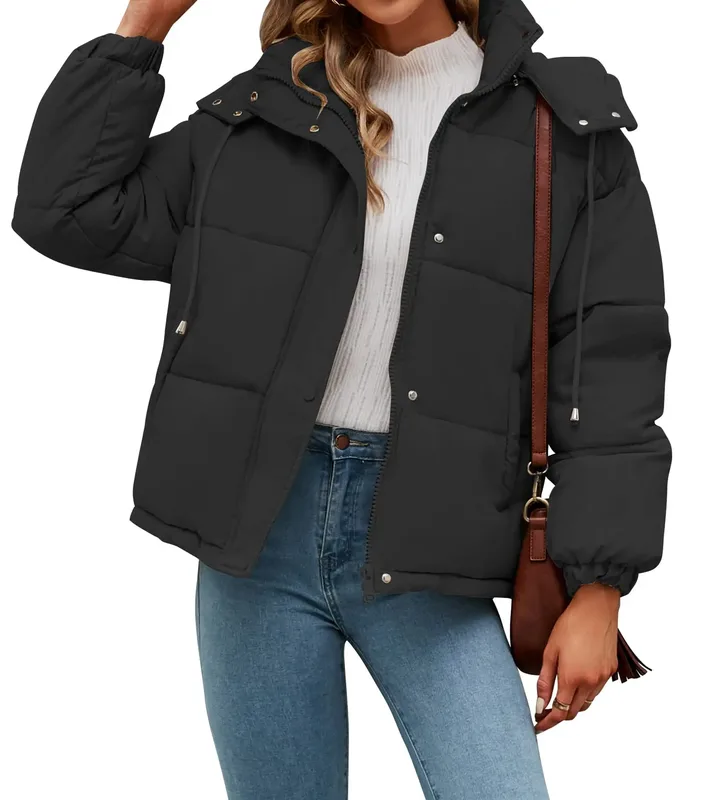 Women's Hooded Cropped Puffer Jacket — 6 Colourways — Black, worn front view