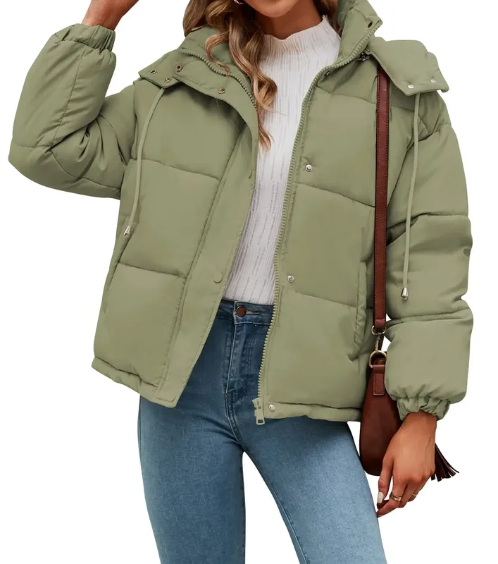 Women's Hooded Cropped Puffer Jacket — 6 Colourways — Sage Green, worn front view