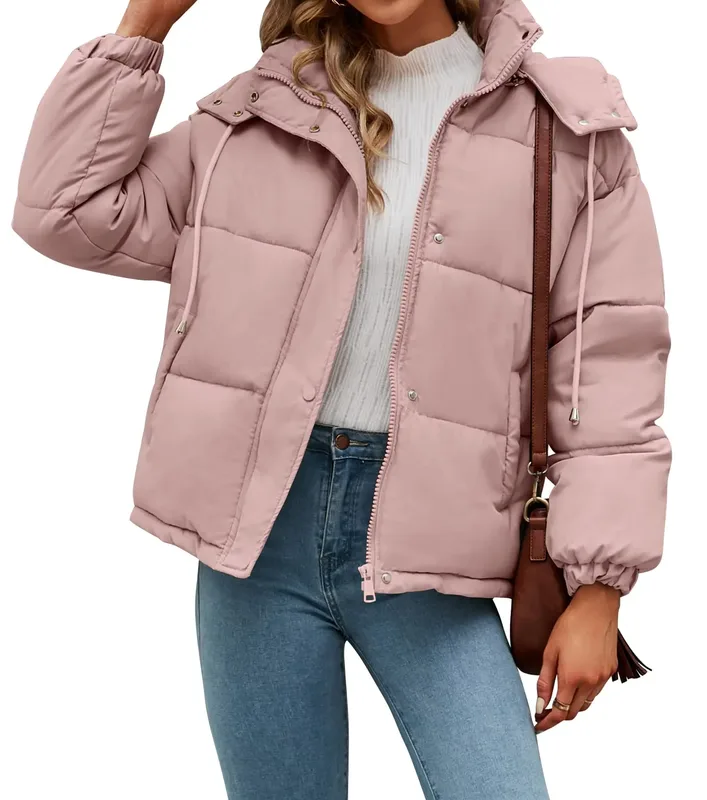 Women's Hooded Cropped Puffer Jacket — 6 Colourways — Pink, worn front view