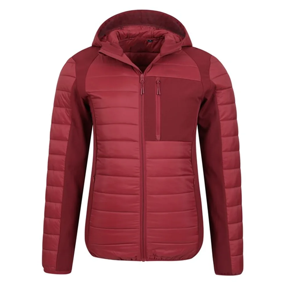 Women’s Hooded Hybrid Puffer Jacket — Red — Red, front view, hood down