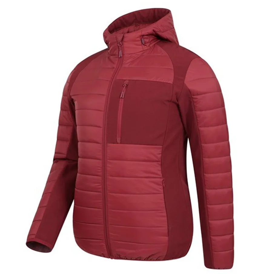 Women’s Hooded Hybrid Puffer Jacket — Red — Red, three-quarter front view