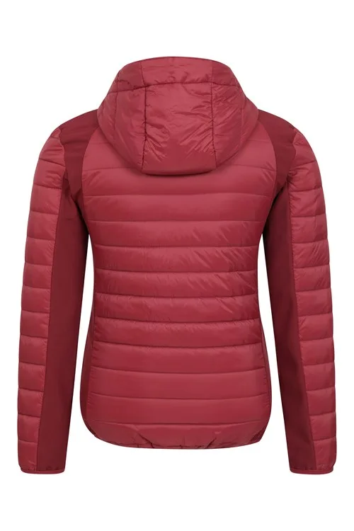 Women’s Hooded Hybrid Puffer Jacket — Red — Red, back view