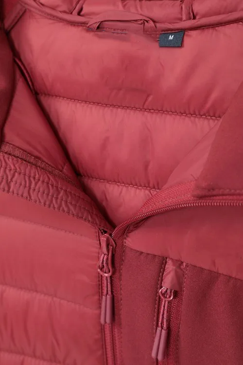 Women’s Hooded Hybrid Puffer Jacket — Red — Red, collar and zip detail