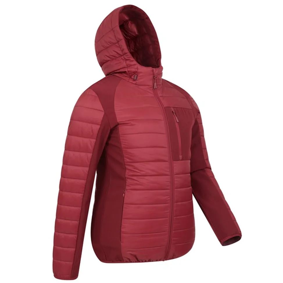 Women’s Hooded Hybrid Puffer Jacket — Red — Red, side view