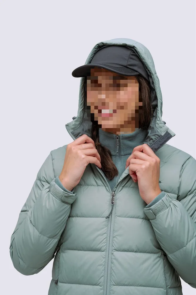Women’s Hooded Insulated Jacket — Sage Grey — Sage Grey, front view, worn