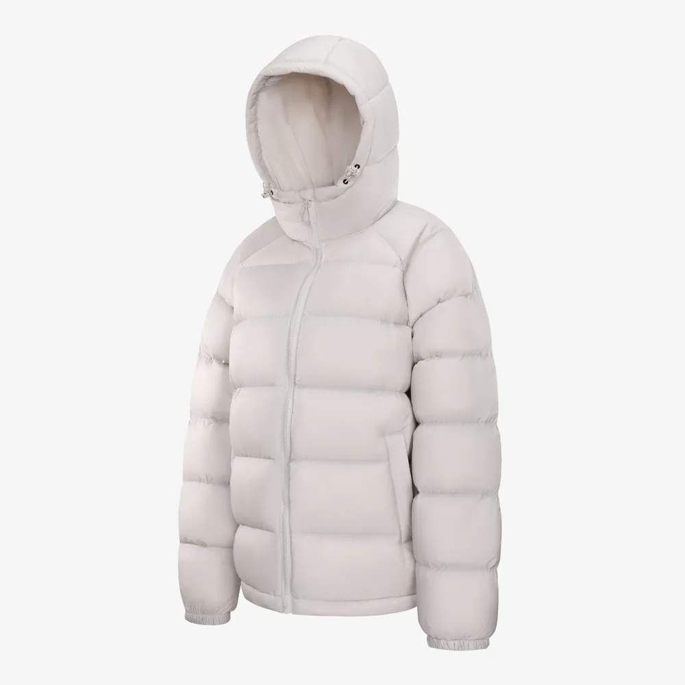 Women’s Hooded Puffer Jacket — 4 Colourways — Beige, front three-quarter view
