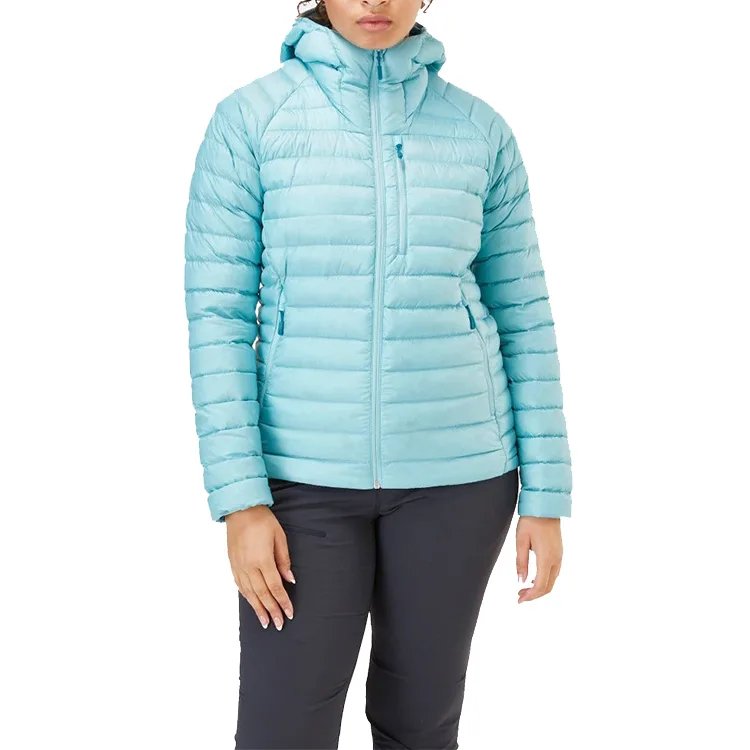 Women’s Hooded Puffer Jacket — 6 Colourways — Light Blue, front view, worn