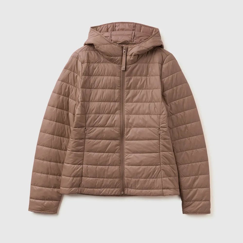 Women’s Hooded Puffer Jacket — 8 Colourways — Brown, front view