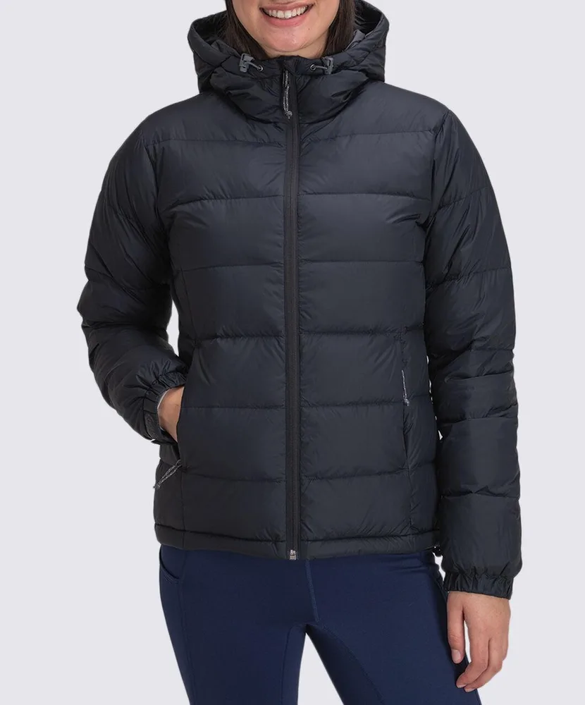 Women’s Hooded Puffer Jacket — Black — Black, front view, worn